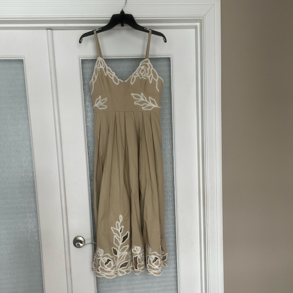 NWOT Elegant Tan Dress with White Floral Embroidery